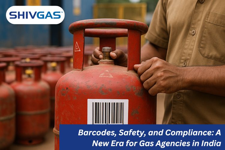 Worker holding a red LPG cylinder with a barcode label, surrounded by rows of similar cylinders at a gas agency, symbolizing safety and compliance in India.