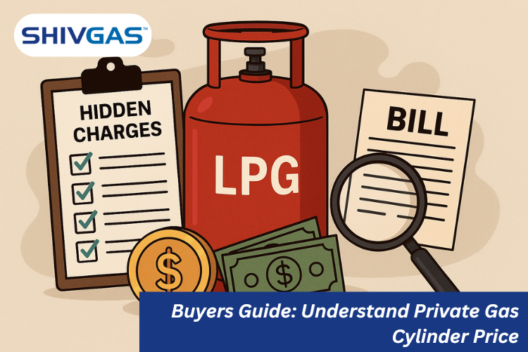 Illustration showing a buyer comparing private gas cylinder prices with charts, currency symbols, and checklists to understand costs and make informed decisions.